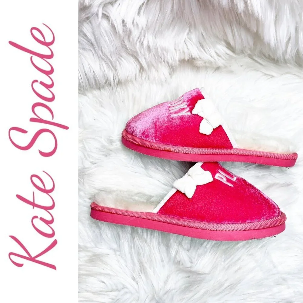KATE SPADE PLAY HOOKY PINK VELVET SLIPPERS FAUX FUR LINING, SIZE‎ 7